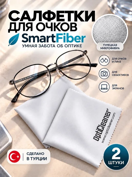optiCleaner Салфетки для очков, оптики микрофибра тряпочка, Салфетки Smart Fiber