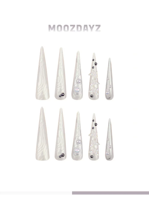 moozdayz Накладные ногти с дизайном и клеем длинные с бабочками, белый, фото 2