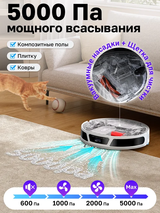 iLife Робот пылесос для сухой и влажной уборки, с лазером и алисой, белый, фото 5