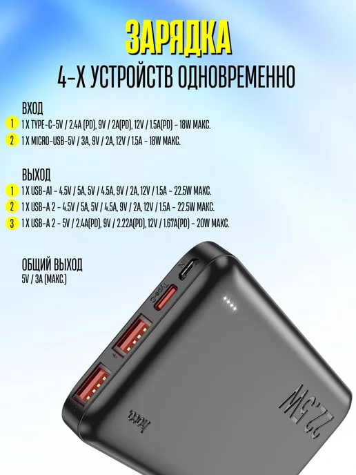 HOCO Повербанк 10000 для телефона быстрая зарядка, черный, фото 2