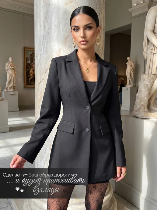 Che Coso Estilo Пиджак приталенный удлиненный классический, черный, фото 2