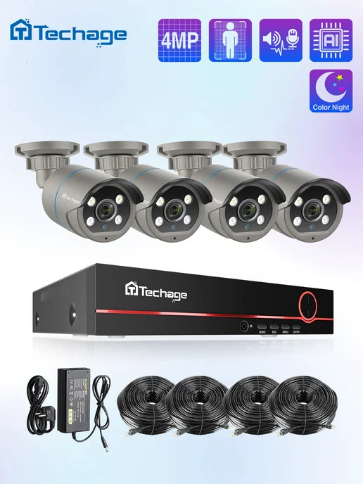 Techage Комплект видеонаблюдения 8-канальной 4MP камеры POE, серый