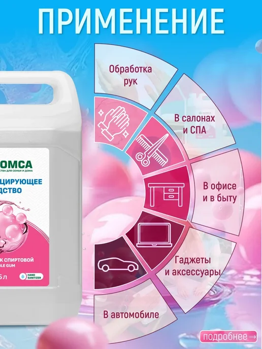 DOMCA Антисептик для рук и поверхностей, спиртовой 5 л бабл гам, 5 л, фото 6