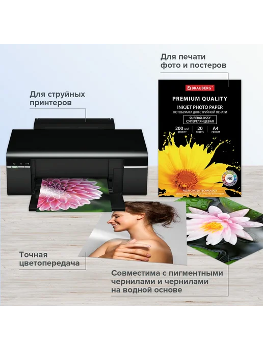 Бумага Brauberg Фотобумага A4, 200 г/м², 20 листов, глянцевая, фото 4