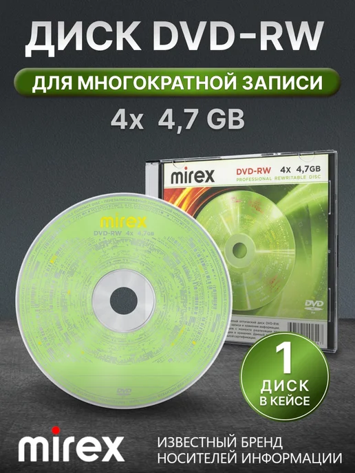 Mirex Диск для записи DVD-RW 4X 4,7 ГБ 1 штука UL130032A4S, 4x4.7, 4,7 ГБ