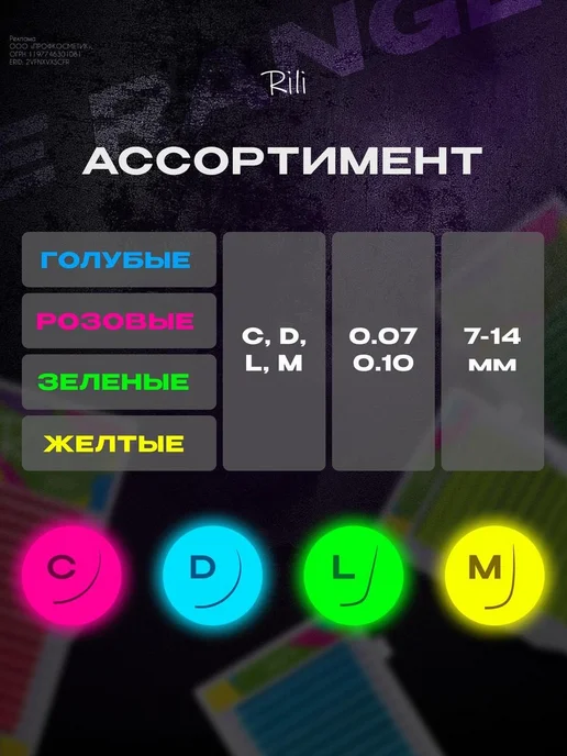 RILI Неоновые ресницы для наращивания микс D 0.07 7-14мм синие, желтый, фото 6