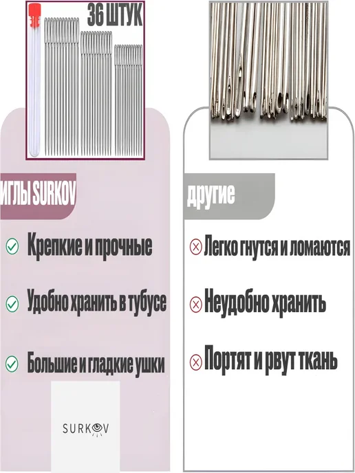 Surkov Иголки для шитья с большим ушком в прозрачном кейсе, вариант, фото 4