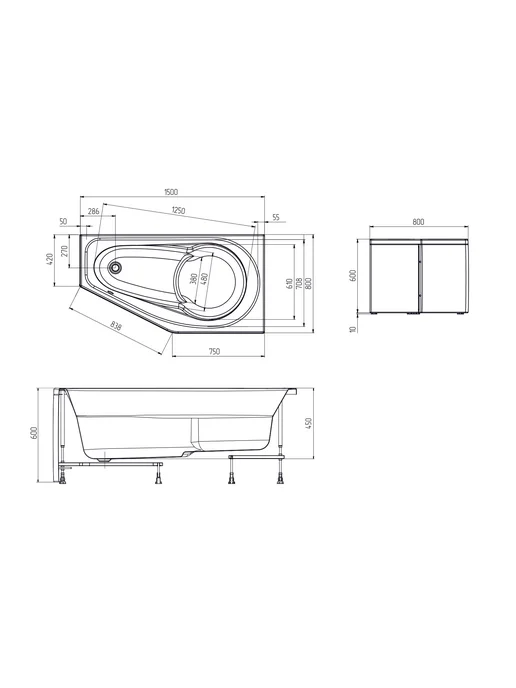 1Марка Ванна акриловая 150х80 см Диип асимметричная левая 01ди1580л, 150x80 см, 1580 л, фото 7