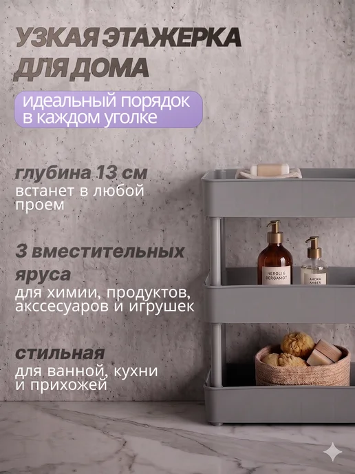 Wicor Home Этажерка для ванной кухни пластиковая узкая, серый, фото 3