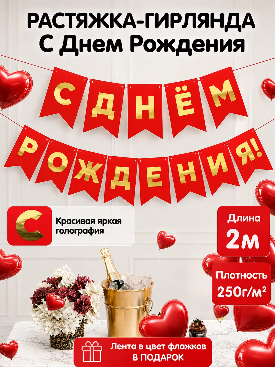 Растяжка-гирлянда флажки С Днем Рождения