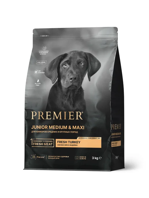 Сухой корм PREMIER Собакам для собак, крупные, средние, щенки, индейка, 3 кг