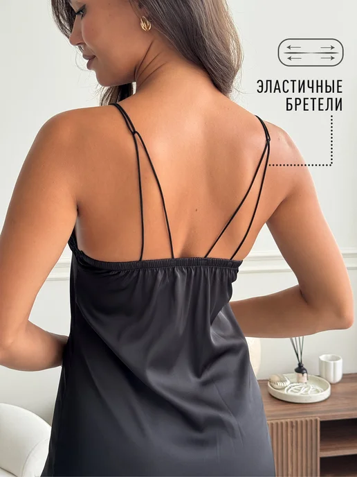 RELAZY Ночная сорочка шелковая с кружевом, черный, фото 7
