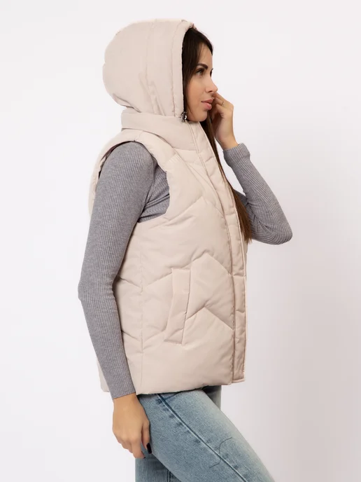 KEILY MODA Жилетка утепленная стеганая с капюшоном, бежевый, фото 5