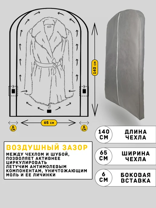 Линучи Чехол для шубы дубленки Антимолевый 130см и Средство от моли, серый, фото 2