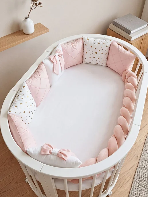 BABYTEX5 Бортики для новорожденных персиковые с косичкой, белый, фото 2
