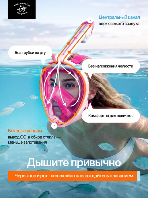 Наслаждайся жизнью Маска для плавания с трубкой для снорклинга, розовый, фото 2