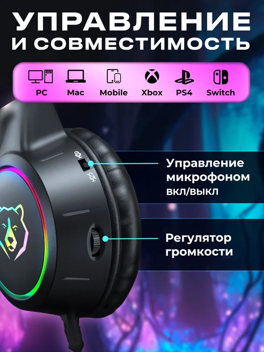 URZUS Наушники проводные игровые с микрофоном для ПК UR-5524111, вариант, фото 3