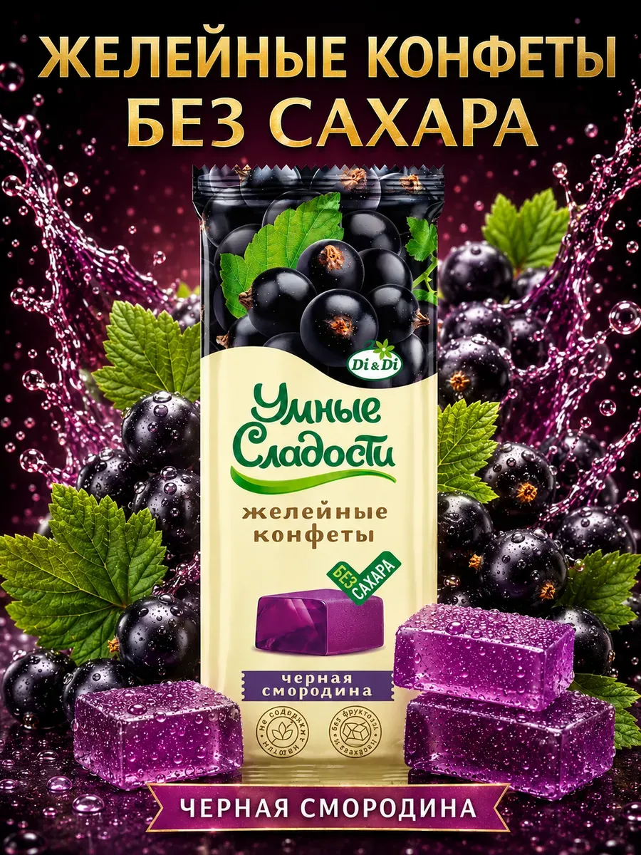 Конфеты без сахара желейные со вкусом черной смородины, 90г