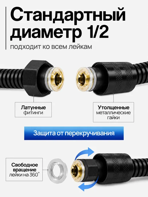 Шланг для душа 1,5 м усиленный черный, 1,5 м, фото 2