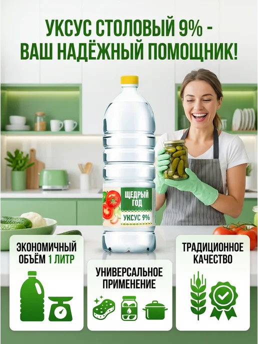Уксус столовый 9% 1 литр, 1 л, фото 3