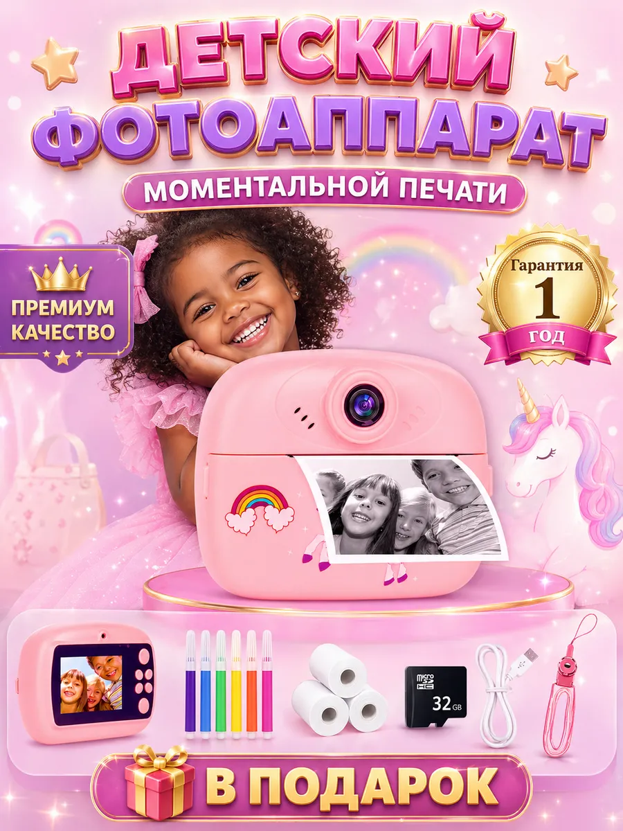 Фотоаппарат детский моментальной печати Единорог