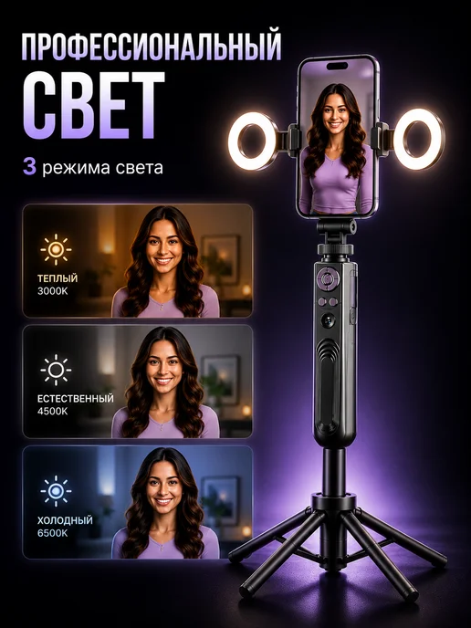 4PHOTO Умный штатив для телефона для съемок c подсветкой монопод, вариант, фото 3