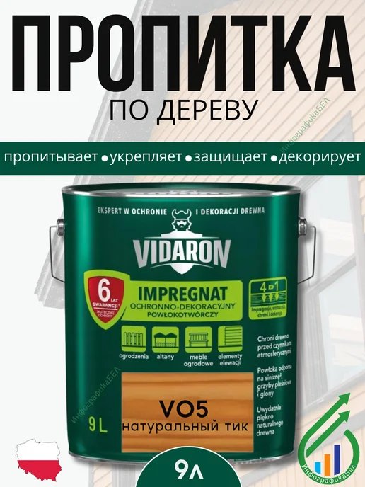 Vidaron Алкидная пропитка для дерева Видарон 9л V05 Натуральный тик, 9 л
