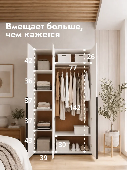LETTA Шкаф для одежды трехдверный, белый, фото 4