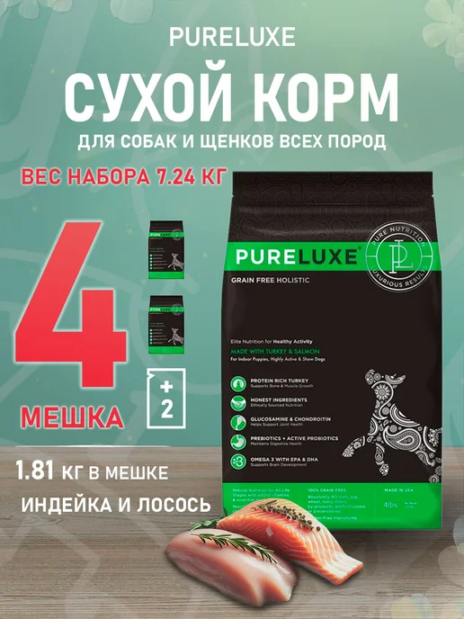 Сухой корм PureLuxe Активных для собак, щенки, индейка, лосось, 1,81 кг