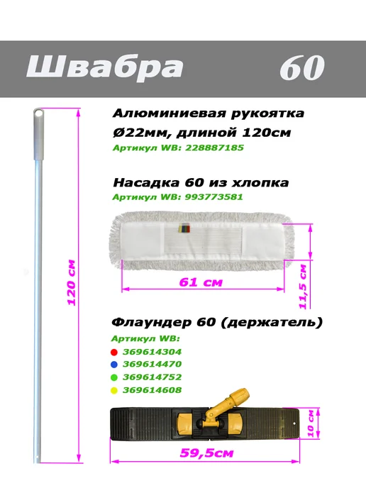 RioTex Швабра 60 хлопок с цельной ручкой, черный, фото 2