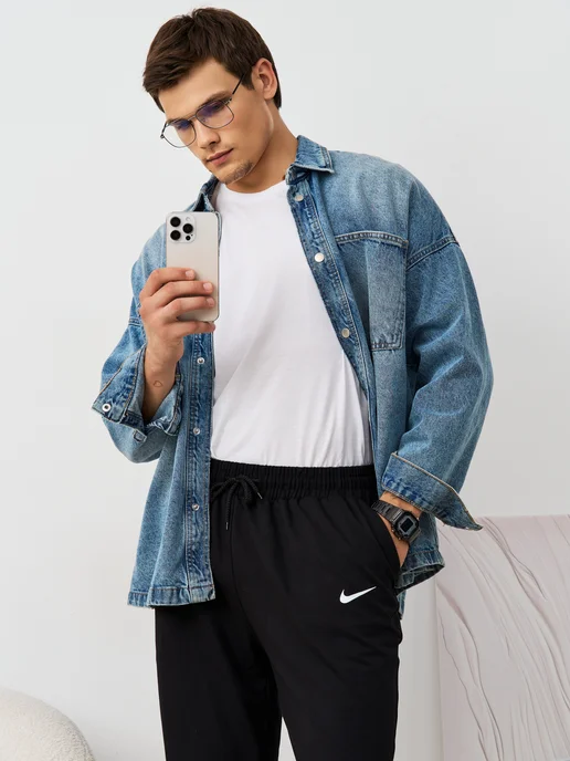 Nike Спортивные штаны прямые широкие хлопок с логотипом, черный, фото 4