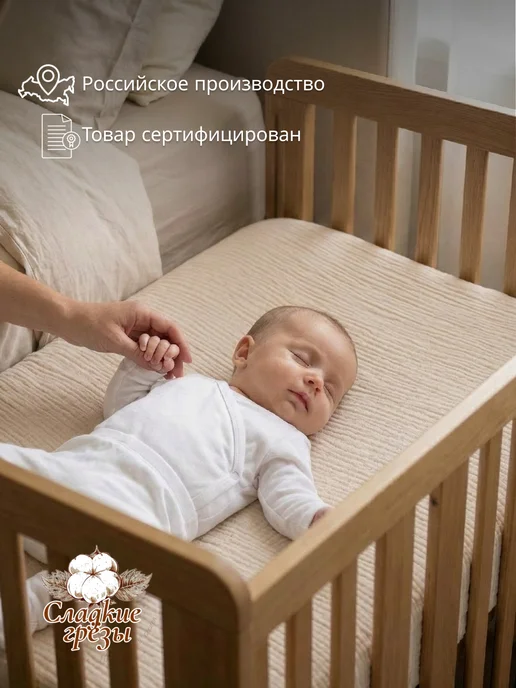 Сладкие грезы Простынь на резинке 70х90, 100х70 Муслиновая Беж, 70x90, фото 8