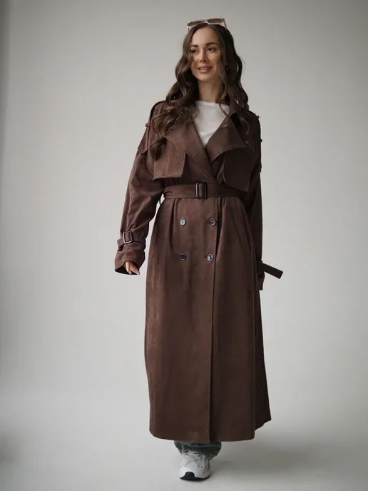 T.A.U. shop Тренч длинный замшевый осенний, коричневый