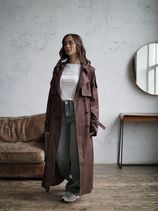 T.A.U. shop Тренч длинный замшевый осенний, коричневый, фото 3