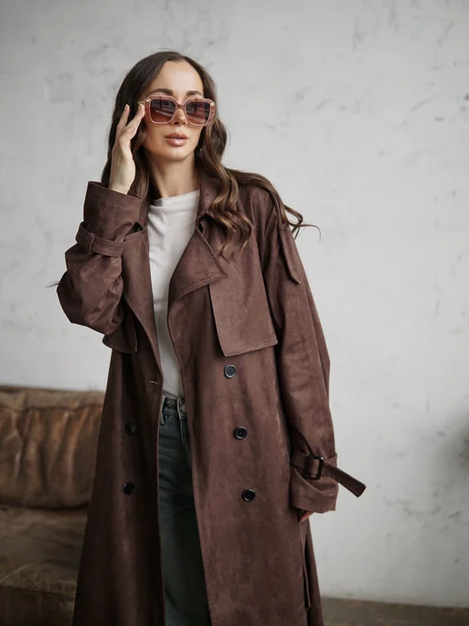 T.A.U. shop Тренч длинный замшевый осенний, коричневый, фото 4