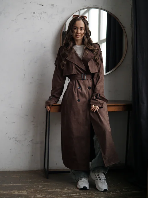 T.A.U. shop Тренч длинный замшевый осенний, коричневый, фото 8