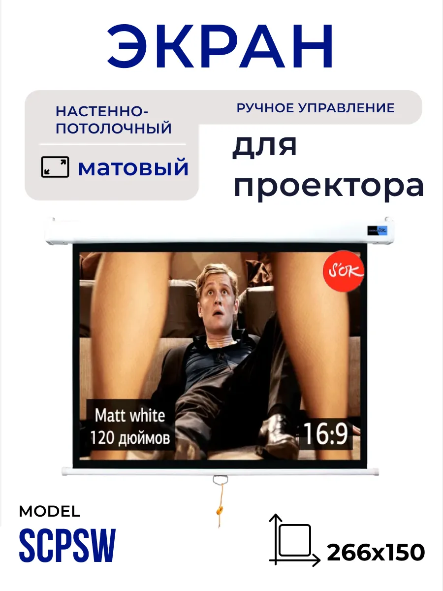 Экран для проектора 266x150 16 9 настенный рулонный 120'