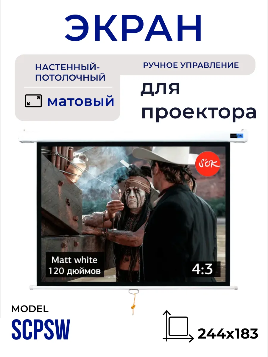 Экран для проектора 244x183 4 3 настенный рулонный 120'