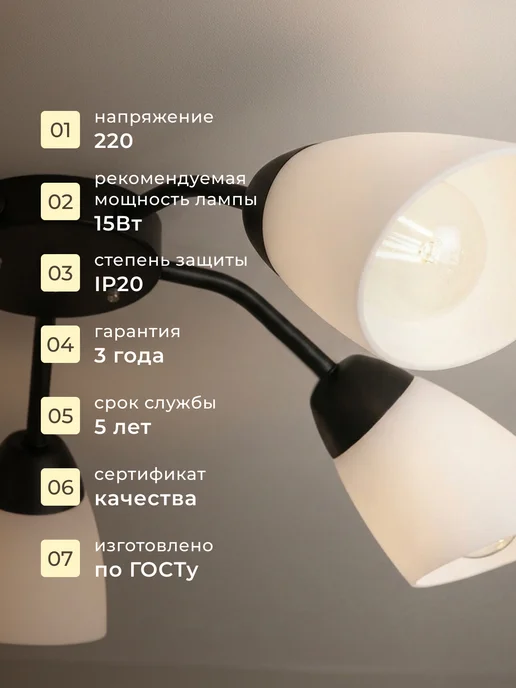 УСВЕТА Люстра потолочная для кухни 5 плафонов черная Е27, черный, фото 4