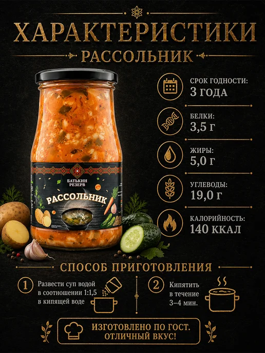 Батькин Резерв Рассольник суп готовый, 530 г, 530 г, фото 2
