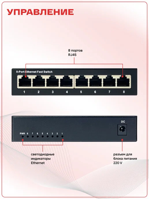 Базис Телеком Коммутатор 8 портов 10 100 1000 Мбит с RJ-45, вариант, фото 2