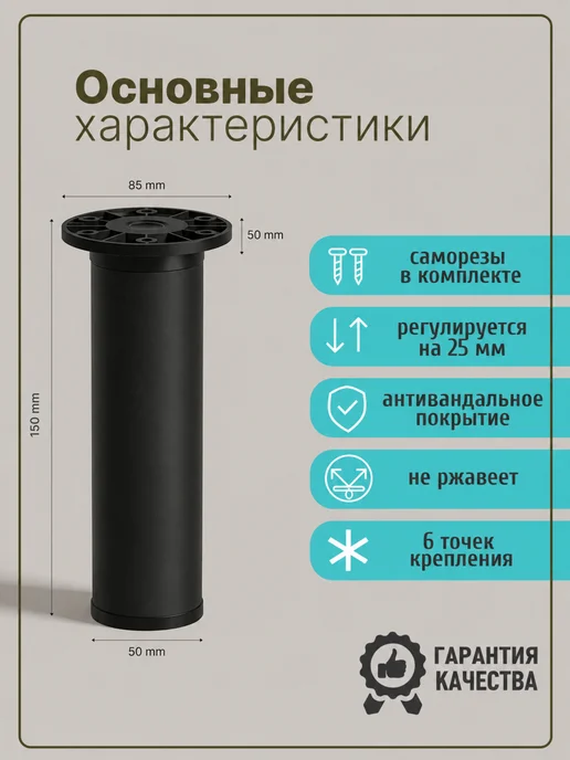 Фабрика мебельной фурнитуры Ножки для мебели регулируемые металлические 25 см хром, черный, фото 2