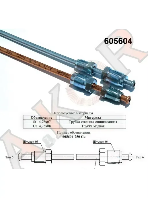 A.KOR Трубка тормозная медная 150 мм П(м10х1) - П(м12х1), 10x1