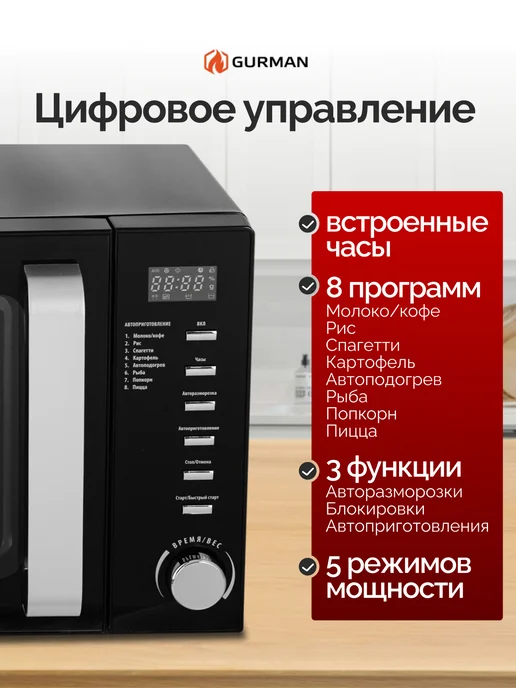GURMAN Микроволновая печь черная 20л 700 Вт, 20 л, 700 Вт, фото 2