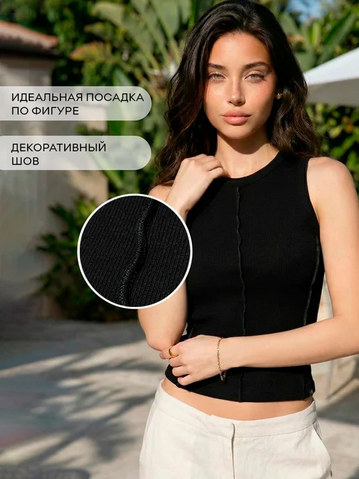 nfes Базовая майка лапша под пиджак с фактурными швами, черный, фото 2