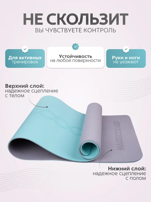 MAXISCOO FIT Спортивный коврик для йоги фитнеса нескользящий, зеленый, фото 3