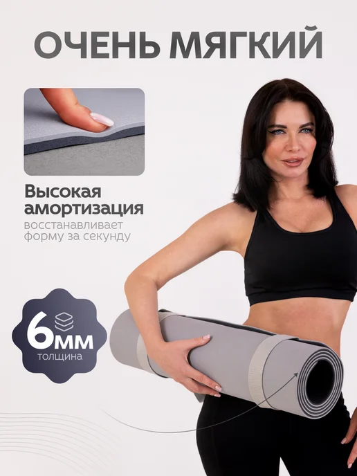 MAXISCOO FIT Спортивный коврик для йоги фитнеса нескользящий, серый, фото 4