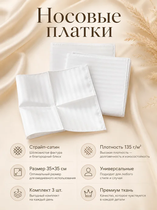 Носовые платки страйп-сатин 3 шт 35×35 см премиум ткань, 35x35 см, 3 шт, фото 2