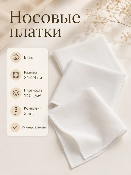 Носовые платки белые комплект 3 шт бязь 24×24 см хлопковые, 24x24 см, 3 шт
