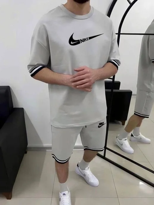 Костюм спортивный домашний футболка шорты летний Nike, серый